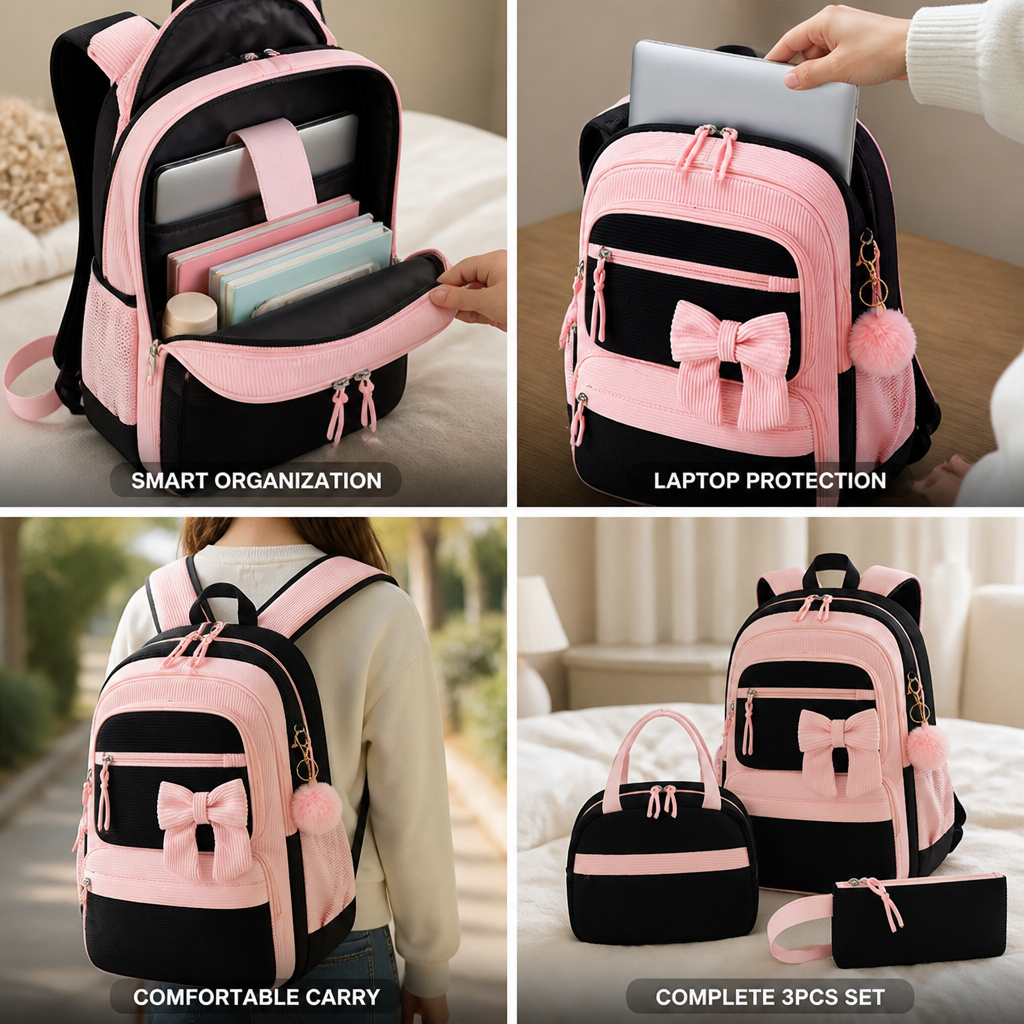 Sac à dos en velours côtelé prêt pour ordinateur portable (ensemble de 3)