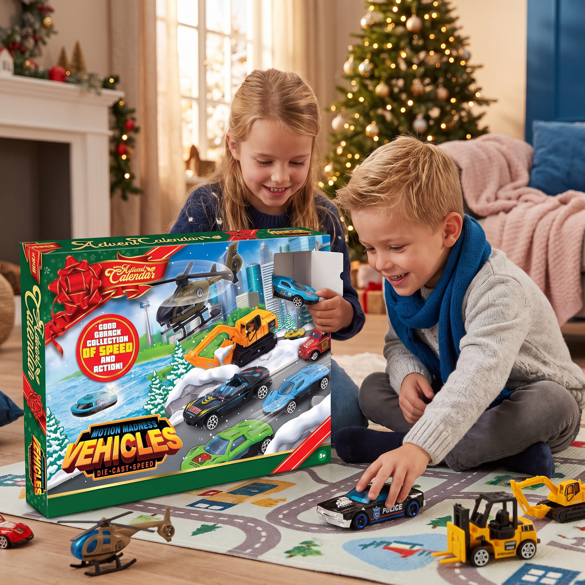 Calendrier de l'Avent de Noël avec des voitures en fonte pour enfants
