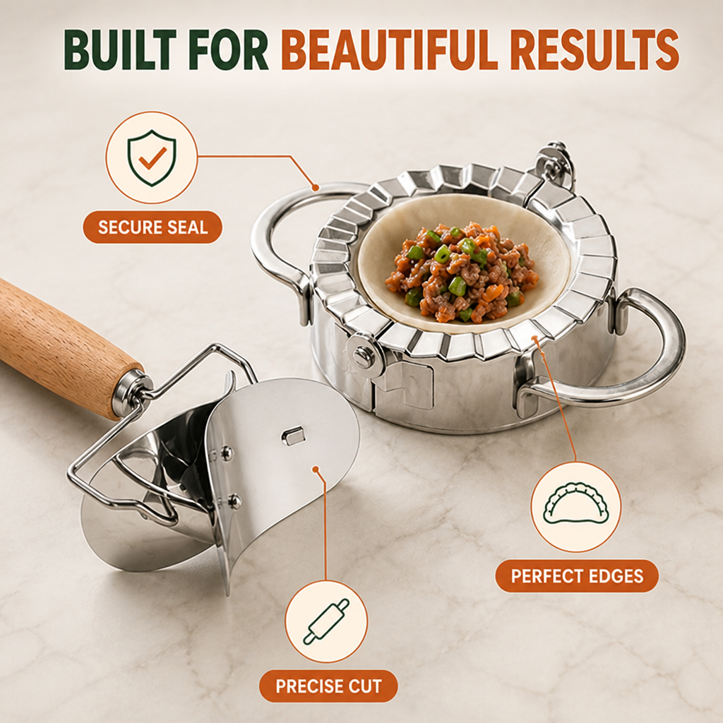 Dumpliva™ Ensemble de coupeurs à raviolis et pâte en acier inoxydable — Des raviolis parfaits sans effort qui transforment votre cuisine en une célébration