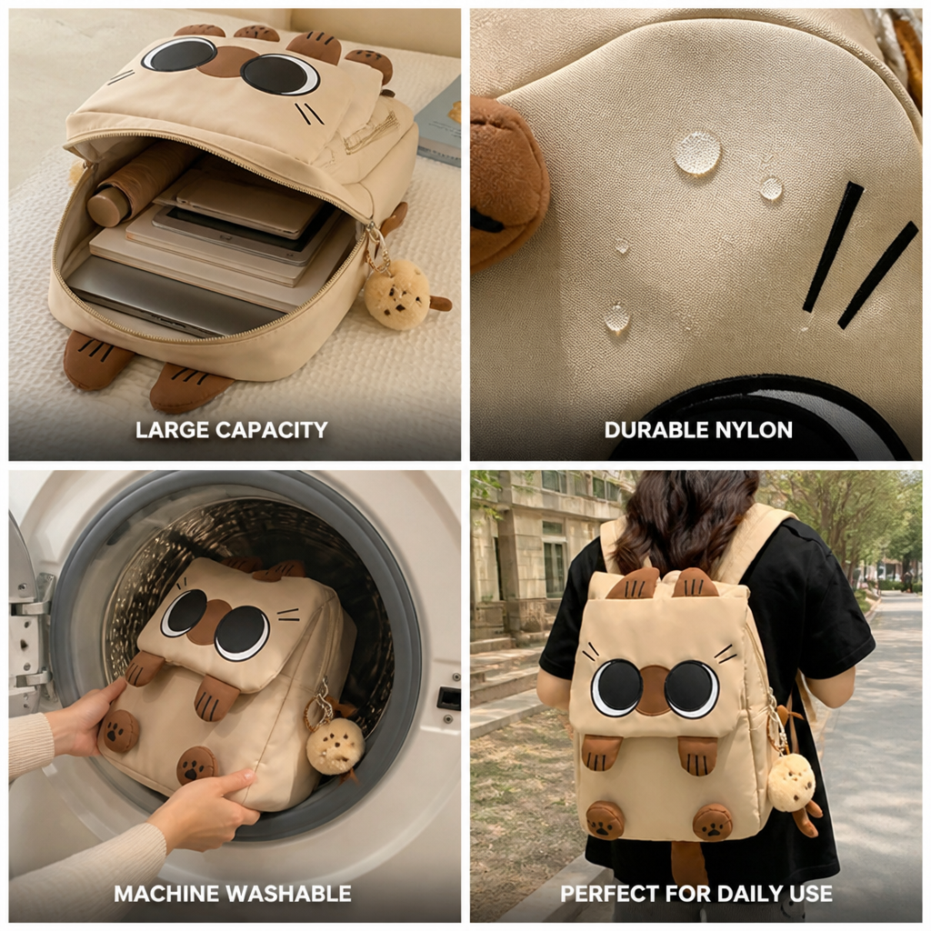 Sac à dos en nylon cartoon chat à grande capacité (lavable en machine)