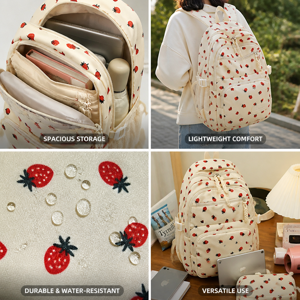 Sac à dos grande capacité imprimé fraise