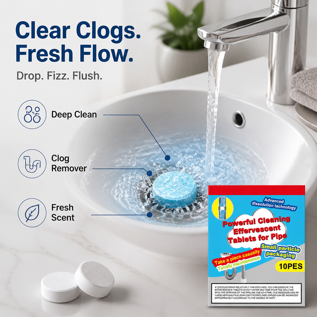 ClariFlow™ Tablettes Effervescentes — Un Pouvoir Effervescent Sans Effort Qui Élimine Les Obstructions et Rafraîchit Instantanément Votre Maison