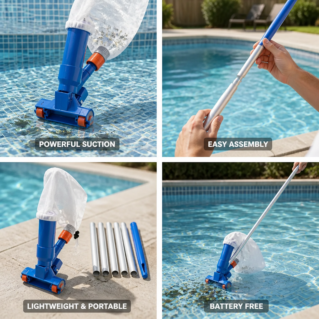 Aspirateur de piscine Venturi alimenté par tuyau (pôle de 5 sections et sac en maille)