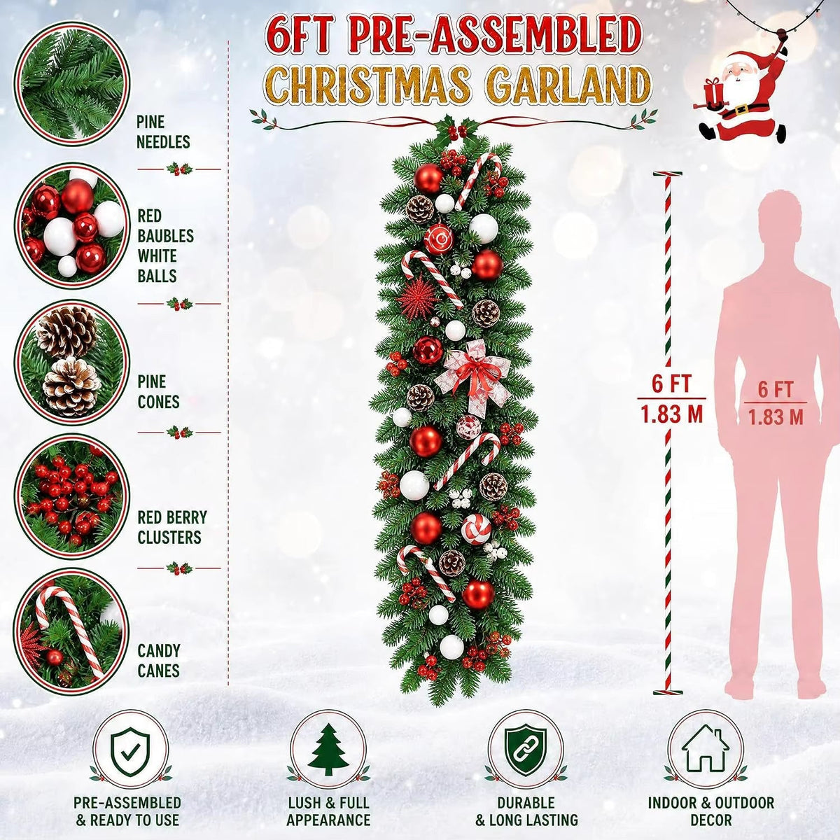 Guirlande de Noël Couvertes de Neige avec Cônes de Pin et Baies Rouges – Décoration de Noël Flexible