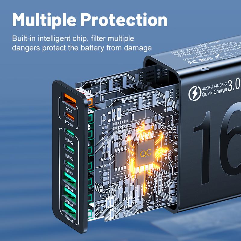 Chargeur rapide USB GaN 168W Hub d'alimentation 8 ports pour USB-C&A