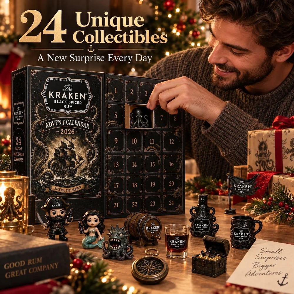 Calendrier de l'Avent en Mini Bouteille de Rhum Kraken de 24 Jours pour Affichage de Table de Bar de Fête, Cadeau Collectible pour Amateur de Rhum, Compte à Rebours de Noël & Décoration Festive