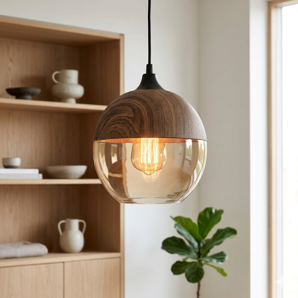 Suspension Scandinave en Verre avec Finition Bois – Éclairage Design Chaud pour Salon & Salle à Manger | Sansoti