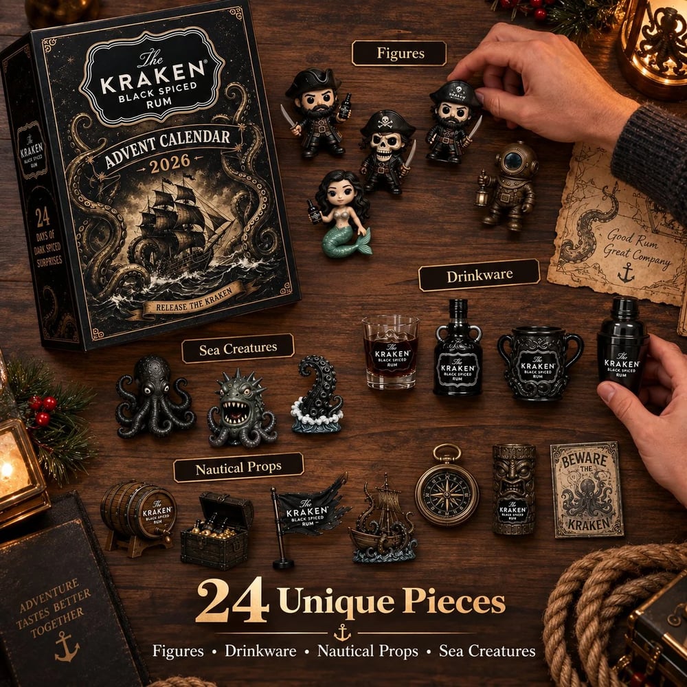 Calendrier de l'Avent en Mini Bouteille de Rhum Kraken de 24 Jours pour Affichage de Table de Bar de Fête, Cadeau Collectible pour Amateur de Rhum, Compte à Rebours de Noël & Décoration Festive