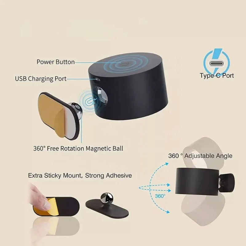 Lampe Murale Polyvalente 360° - Sans Fil, Rechargeable par USB & Luminosité Ajustable