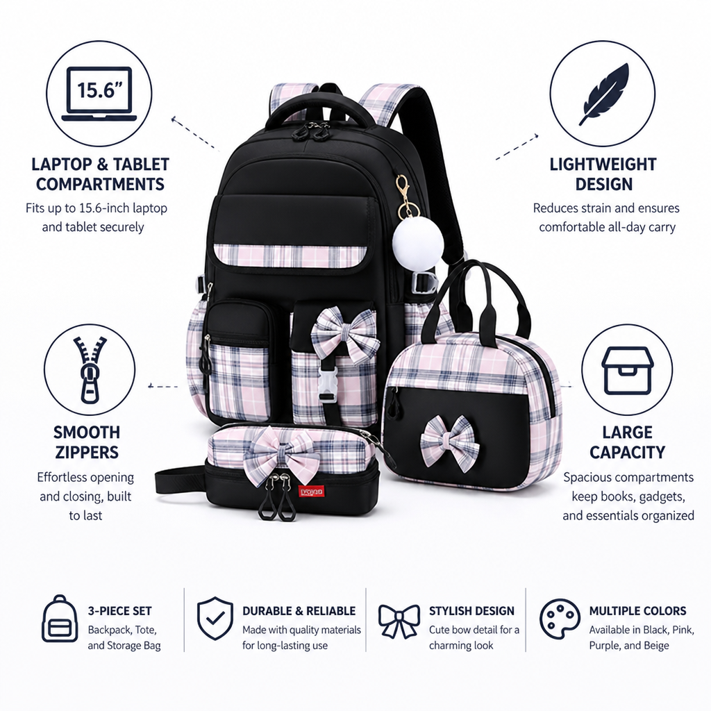 Sac à dos pour ordinateur portable et tablette grande capacité (ensemble de 3 pièces)