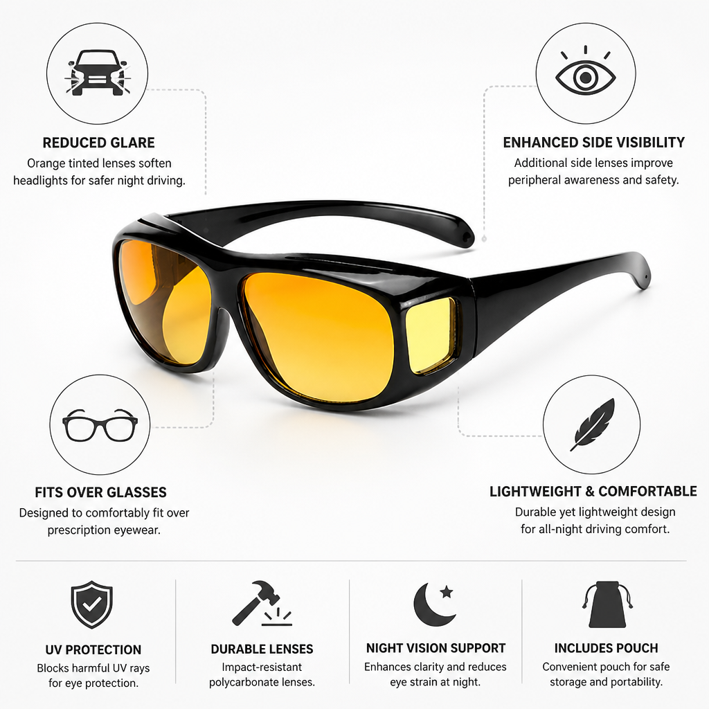 Lunettes de conduite nocturne anti-éblouissement jaunes (se portent par-dessus les lunettes)
