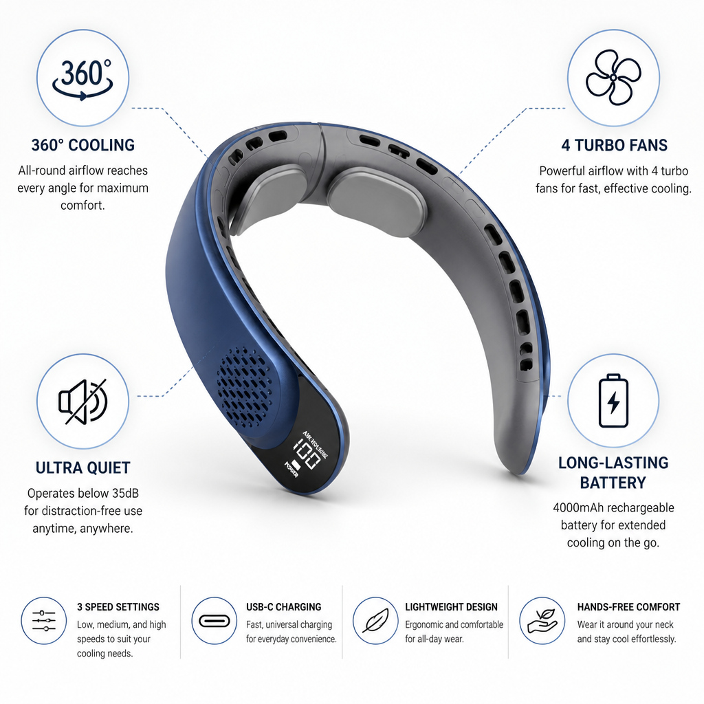 Ventilateur de Cou Rechargeable USB-C à Refroidissement 360°