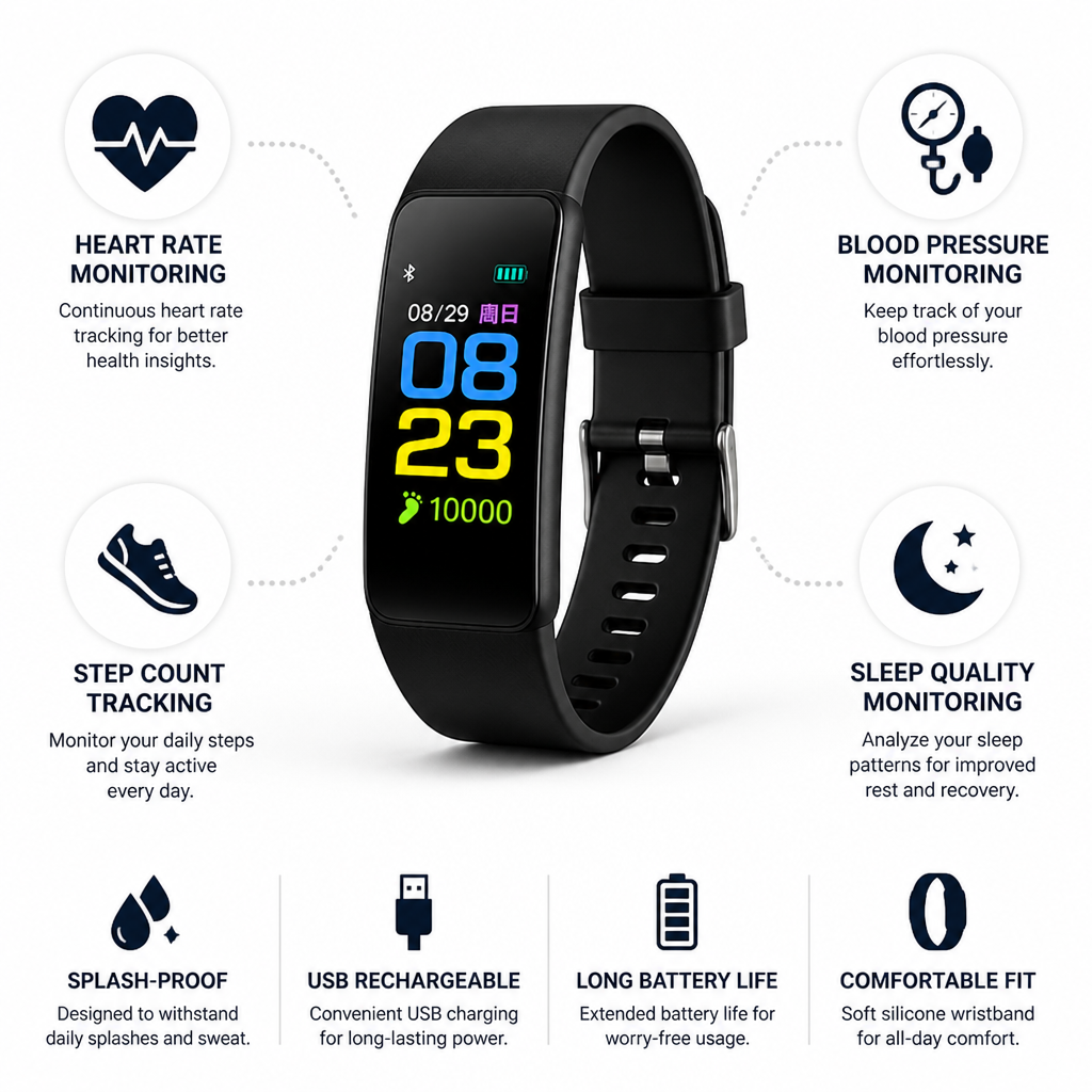 Montre intelligente senior simple avec LED en forme de cœur et surveillance de la pression artérielle