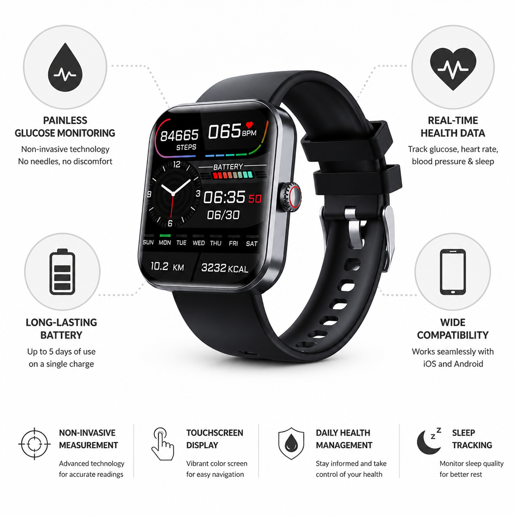 Montre de surveillance de glucose non invasive et sans douleur (batterie de 5 jours)