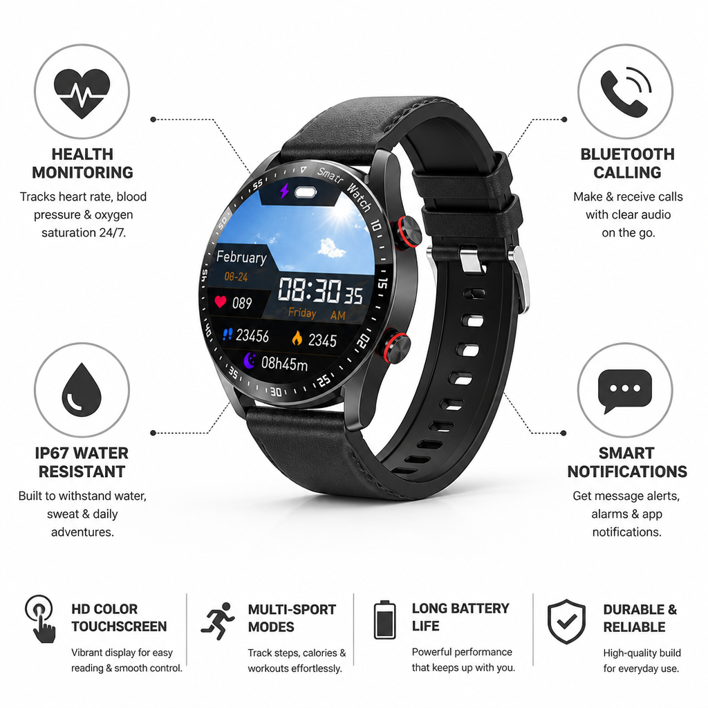 Montre Connectée avec Suivi de Santé & Bluetooth (Résistante à l'Eau IP67)