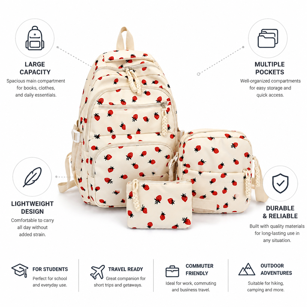 Sac à dos grande capacité imprimé fraise