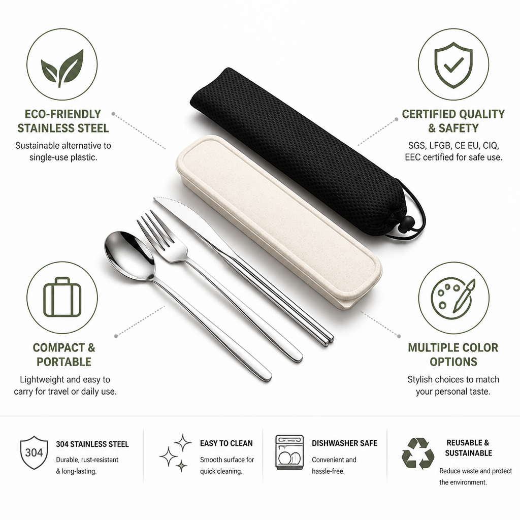 Ensemble de couverts portables en acier inoxydable écologique