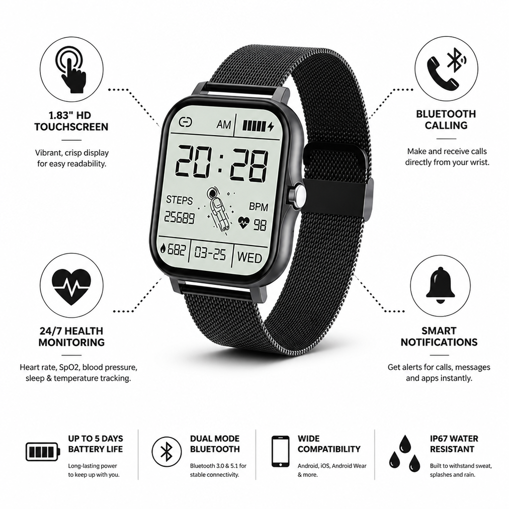 Montre intelligente avec écran tactile HD de 1,83" et appels Bluetooth