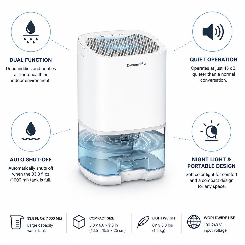 Déshumidificateur et Purificateur d'Air 2-en-1 Silencieux (Arrêt Automatique)