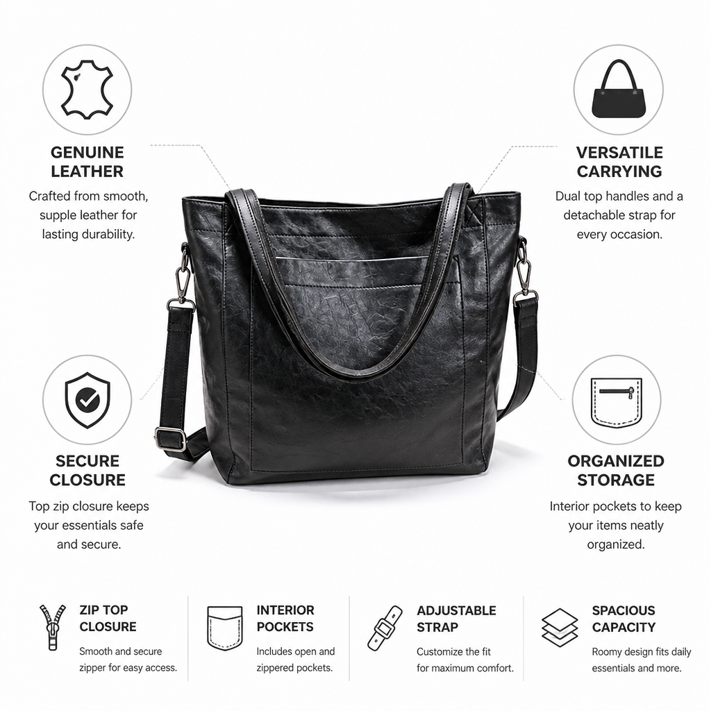 Sac fourre-tout structuré en cuir véritable (avec bandoulière détachable)