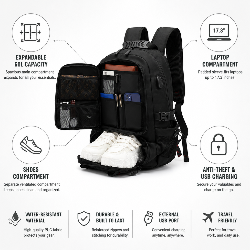 Sac à dos anti-vol USB pour ordinateur portable extensible de 60L