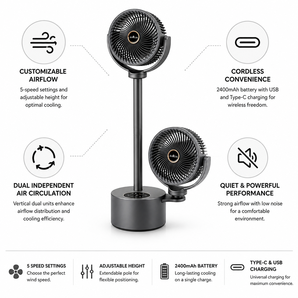 Ventilateur de sol à hauteur réglable à double tête (rechargeable par USB-C)