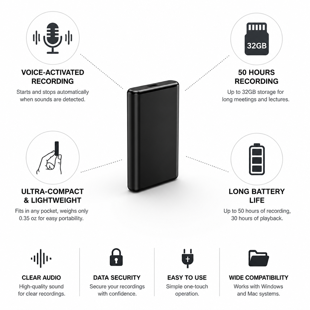 Enregistreur vocal ultra-compact activé par la voix (enregistrement de 50 heures)