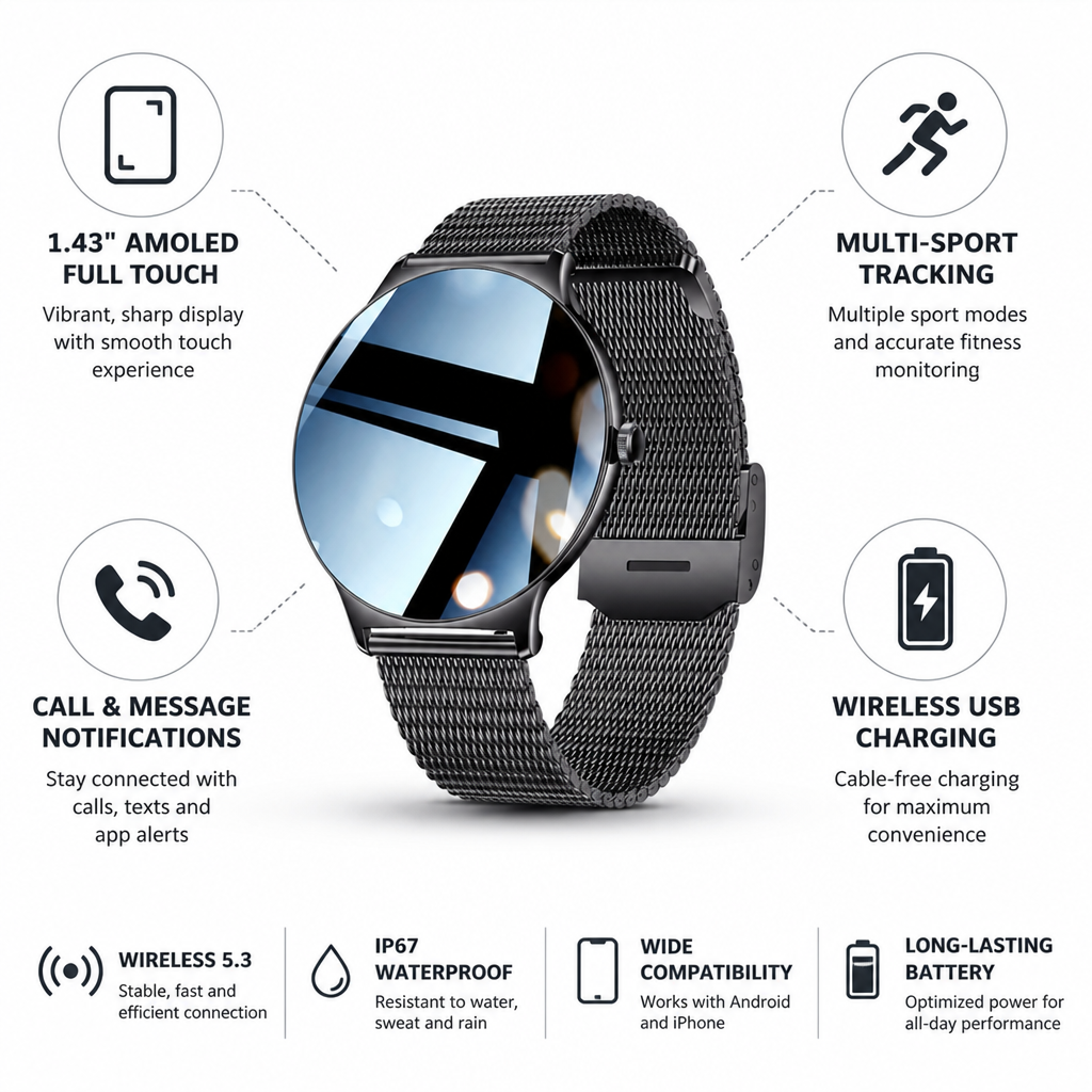Montre intelligente multi-sport AMOLED de 1,43"