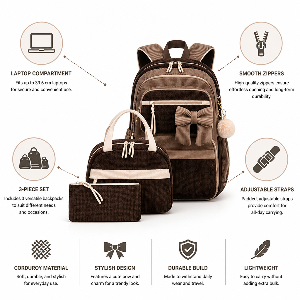 Sac à dos en velours côtelé prêt pour ordinateur portable (ensemble de 3)