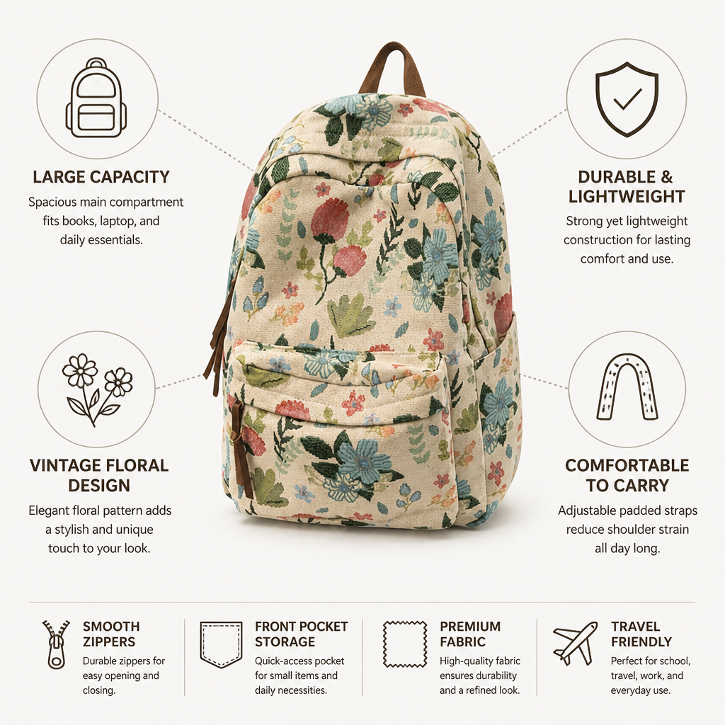 Sac à Dos Vintage Floral Grande Capacité (École & Voyage)