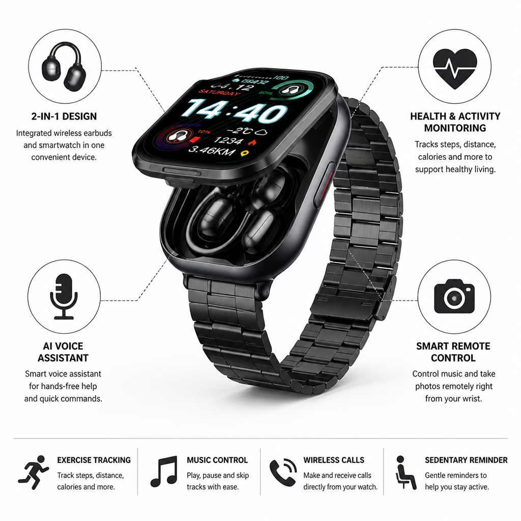 Montre Intelligente HD à Écran Tactile avec Écouteurs Sans Fil Intégrés