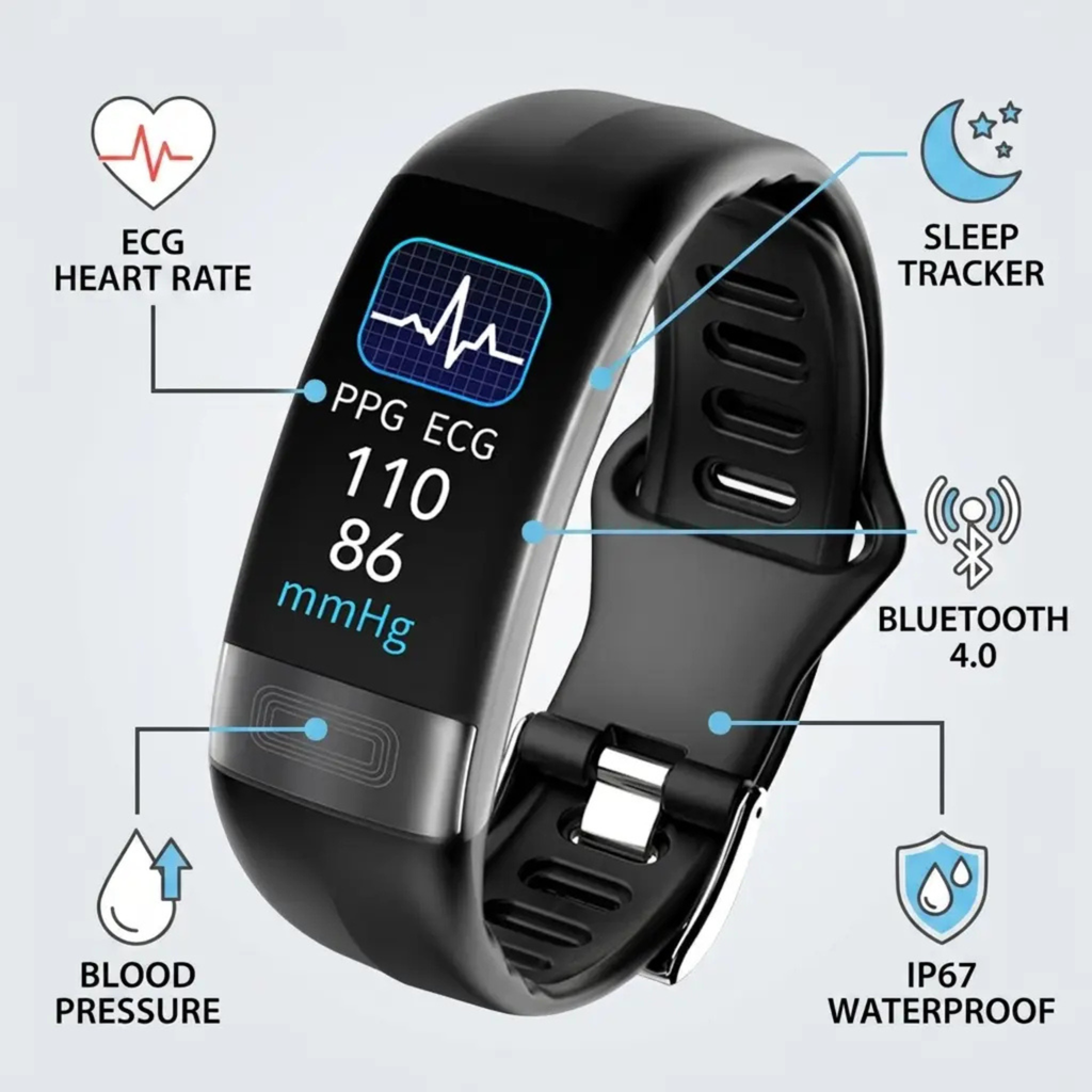 Bracelet Intelligent Moniteur de Tension Artérielle EKG, Fréquence Cardiaque, Saturation en Oxygène & Suivi du Sommeil Approuvé par la FDA