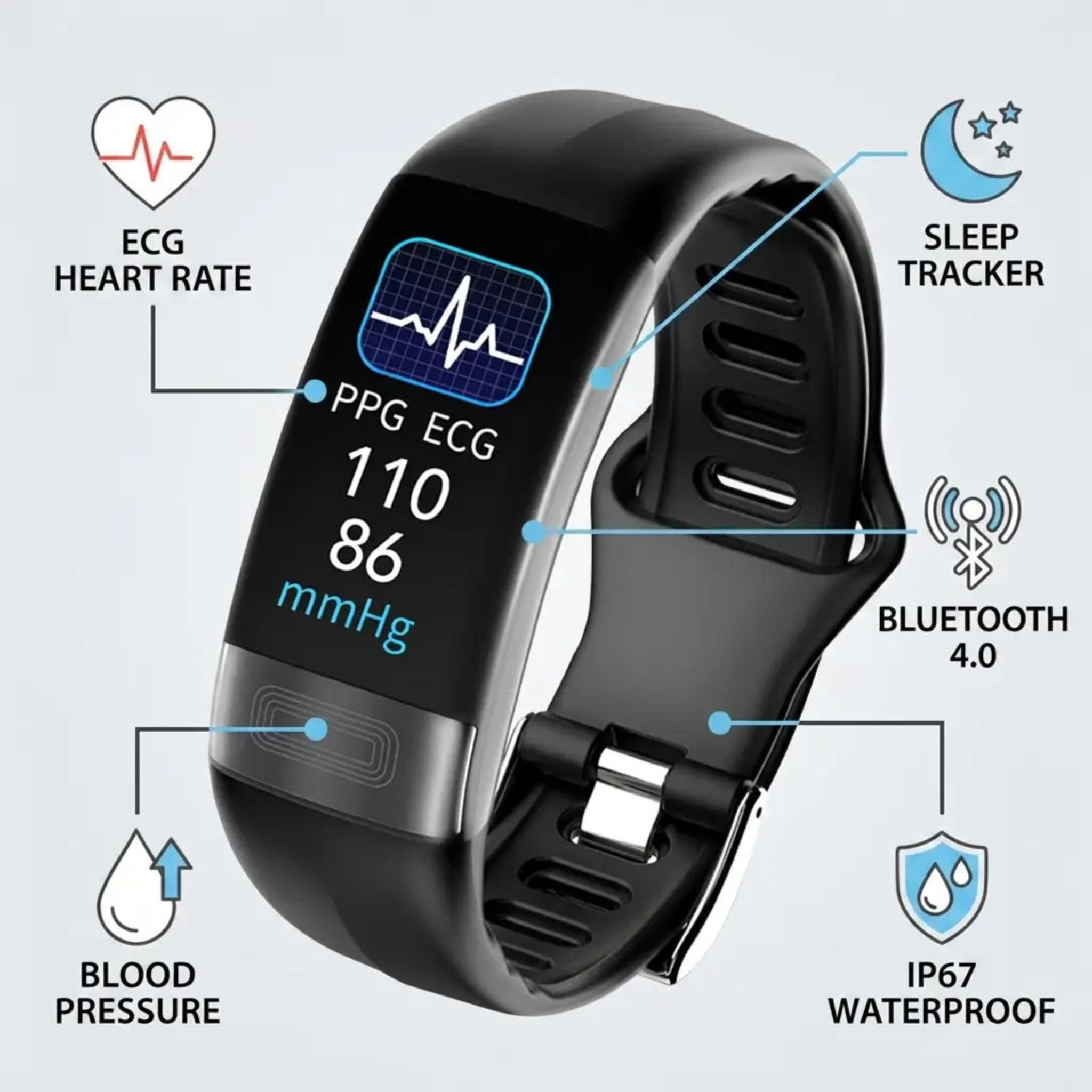 Bracelet Intelligent Moniteur de Tension Artérielle EKG, Fréquence Cardiaque, Saturation en Oxygène & Suivi du Sommeil Approuvé par la FDA