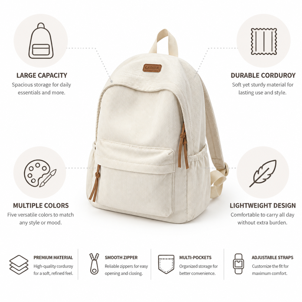 Sac à dos minimaliste en velours côtelé de grande capacité