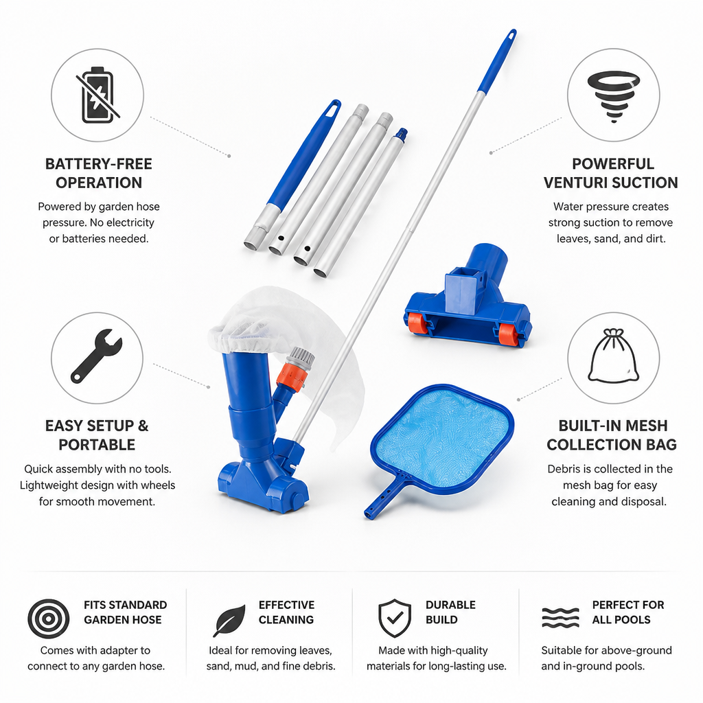 Aspirateur de piscine Venturi alimenté par tuyau (pôle de 5 sections et sac en maille)