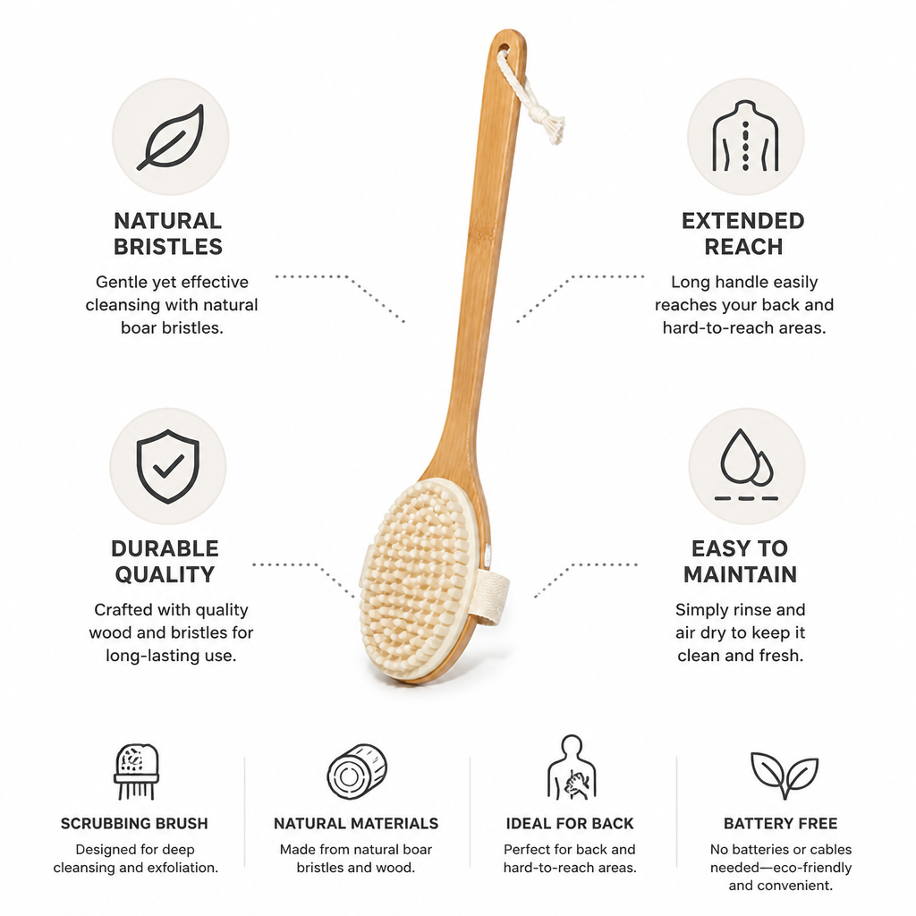 Brosse de gommage pour le dos en poils de sanglier naturels et long manche en bois