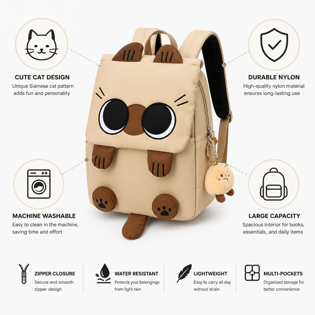 Sac à dos en nylon cartoon chat à grande capacité (lavable en machine)