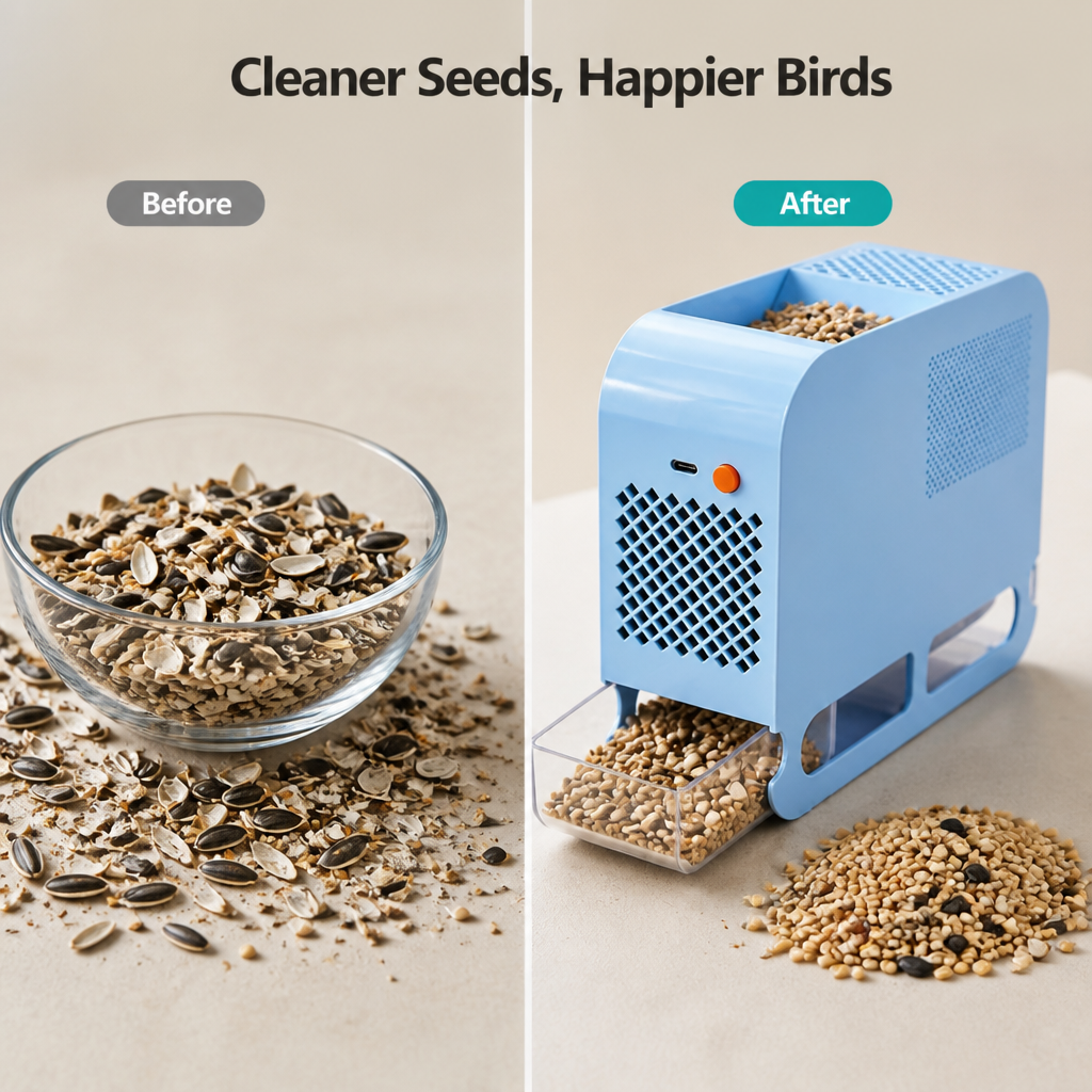 BreezeCrack™ Séparateur Électrique de Graines — Des Graines Pures et Sans Désordre Qui Gardent Vos Oiseaux Heureux et en Bonne Santé