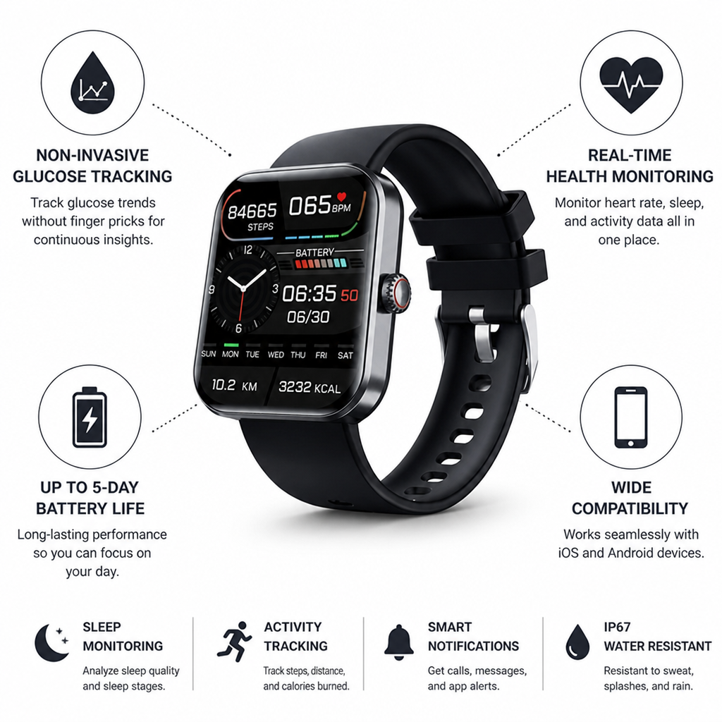 Suivi de Glucose Non-Invasif & Montre Intelligente avec Batterie de 5 Jours