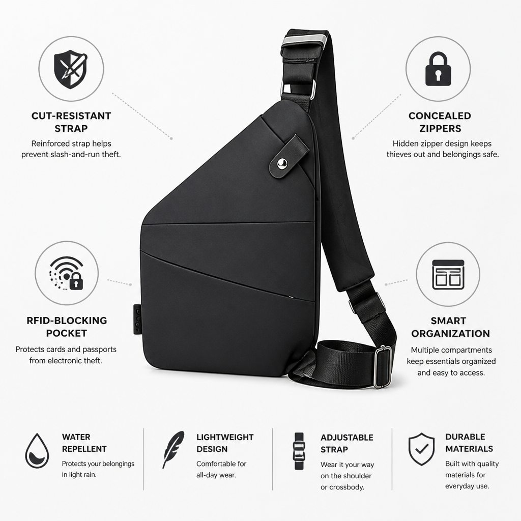 Sac bandoulière résistant aux coupures et poche anti-RFID