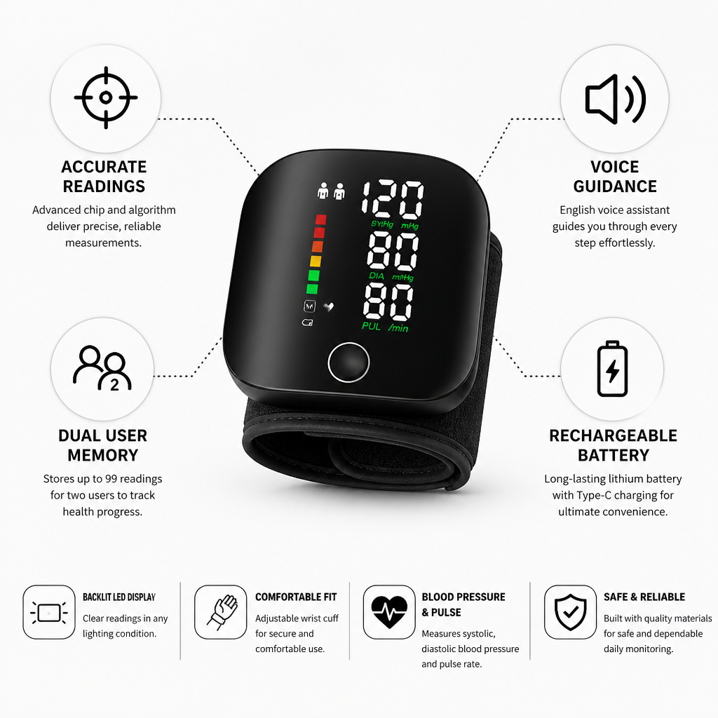 Moniteur de pression artérielle au poignet rechargeable avec LED rétroéclairée et guidage vocal (mémoire pour 2 utilisateurs)