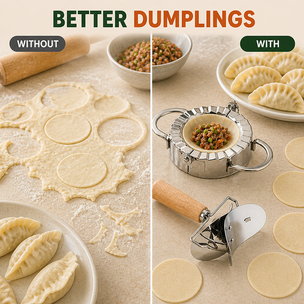 Dumpliva™ Ensemble de coupeurs à raviolis et pâte en acier inoxydable — Des raviolis parfaits sans effort qui transforment votre cuisine en une célébration