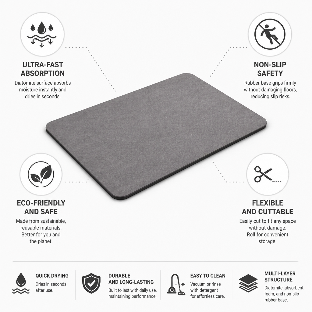 Tapis de Bain en Diatomite Ultra-Absorbant et à Séchage Rapide (Base Antidérapante)