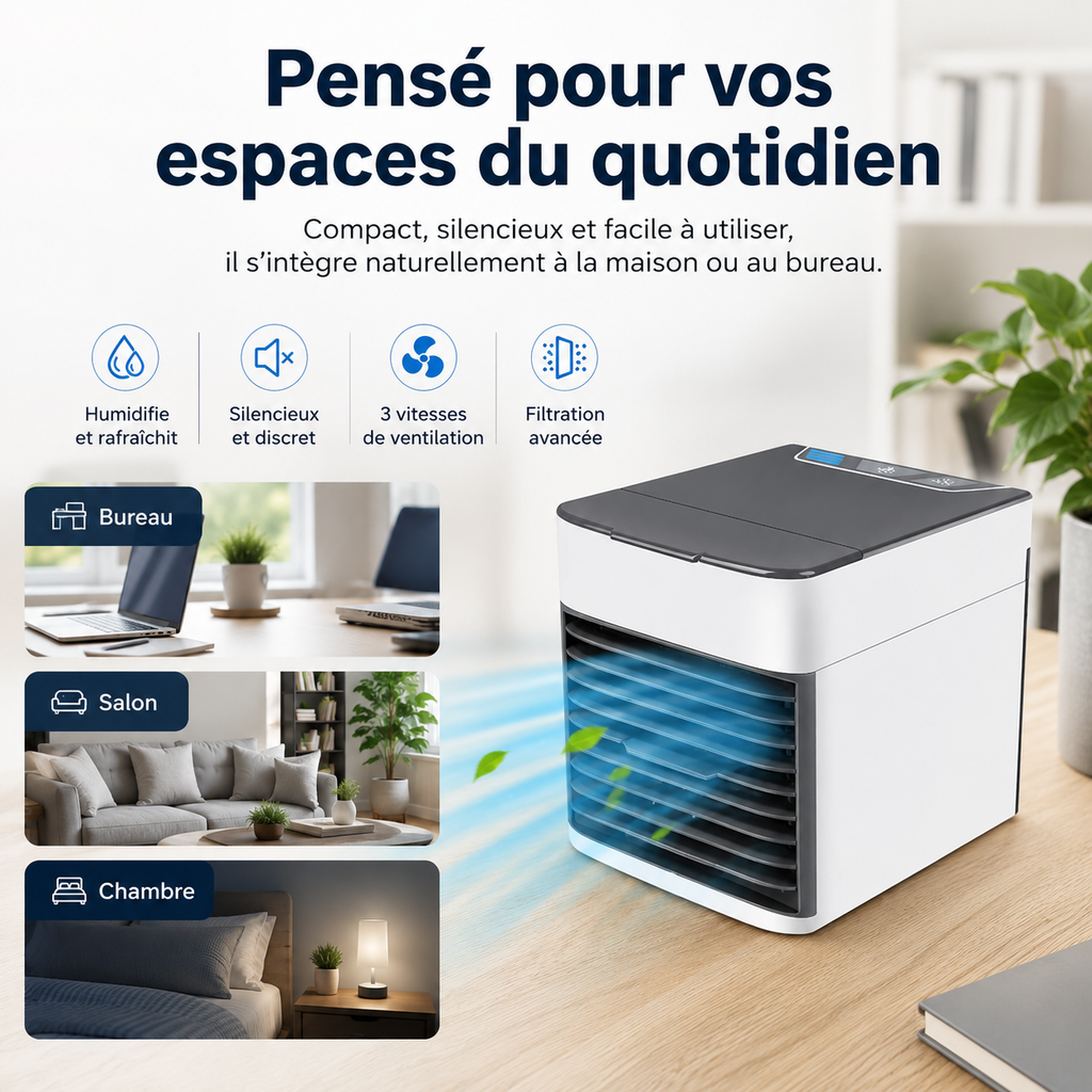 Refroidisseur d'air 3-en-1 avec ventilateur, humidificateur et purificateur d'air – Portable, silencieux et avec lampe de nuit LED