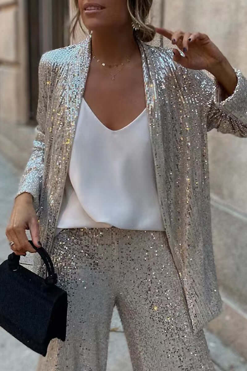 Ensemble de Costume et Pantalon à Manches Longues en Sequins - Femme