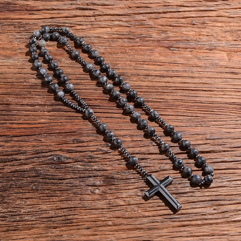 Collier en rosaires croix en œil de tigre et lapis-lazuli pour hommes – Orion
