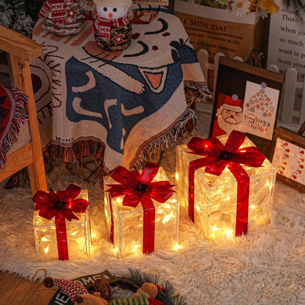 Éclairage de Noël LED – Ensemble de 3 Boîtes Cadeaux Illuminées pour Intérieur & Extérieur