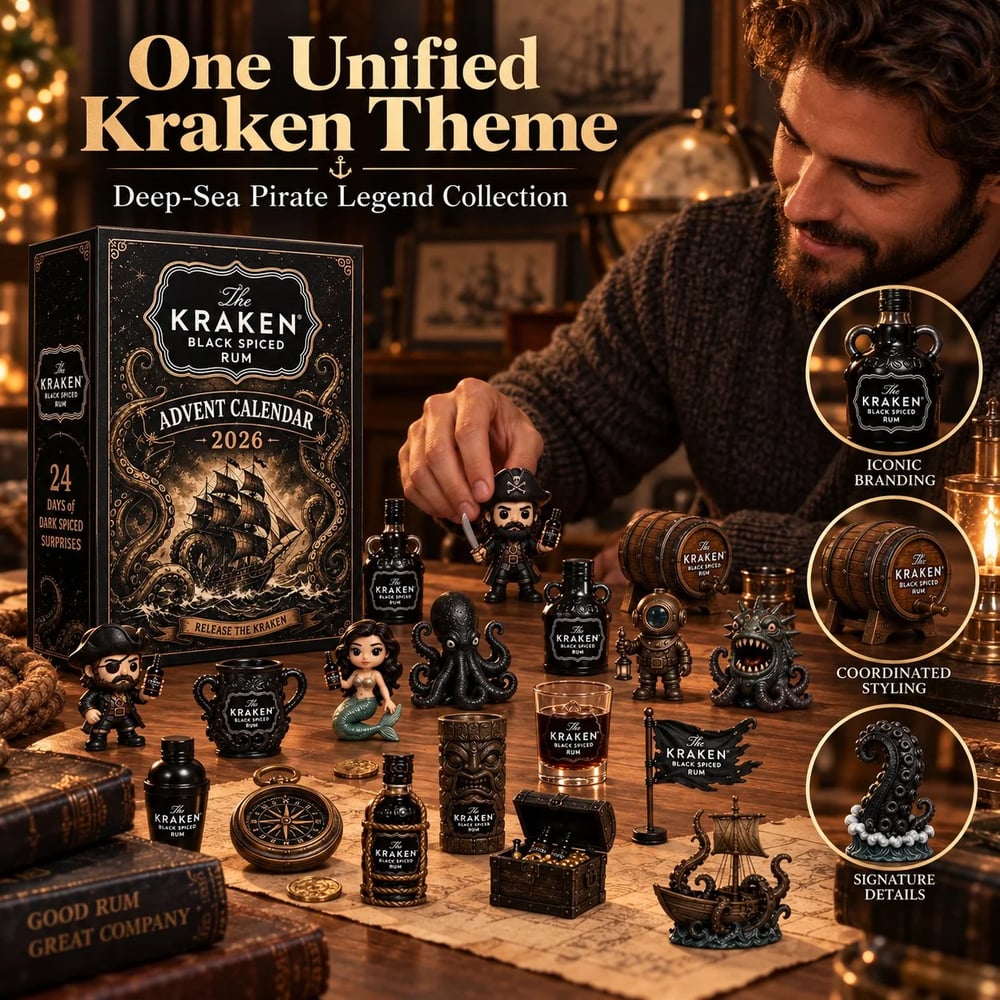 Calendrier de l'Avent en Mini Bouteille de Rhum Kraken de 24 Jours pour Affichage de Table de Bar de Fête, Cadeau Collectible pour Amateur de Rhum, Compte à Rebours de Noël & Décoration Festive