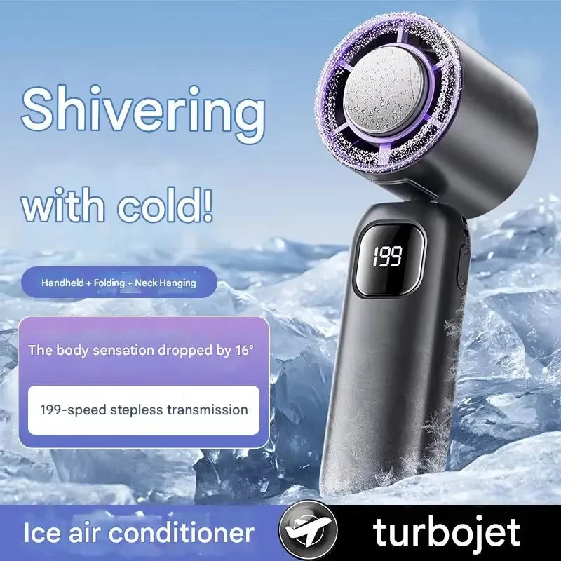 FrostTurbo Ventilateur à main avec fonction de refroidissement par glace | 199 niveaux réglables | Affichage numérique LED | Portable pour usage à la main et sur table | Batterie rechargeable USB | Idéal pour les voyages et à la maison