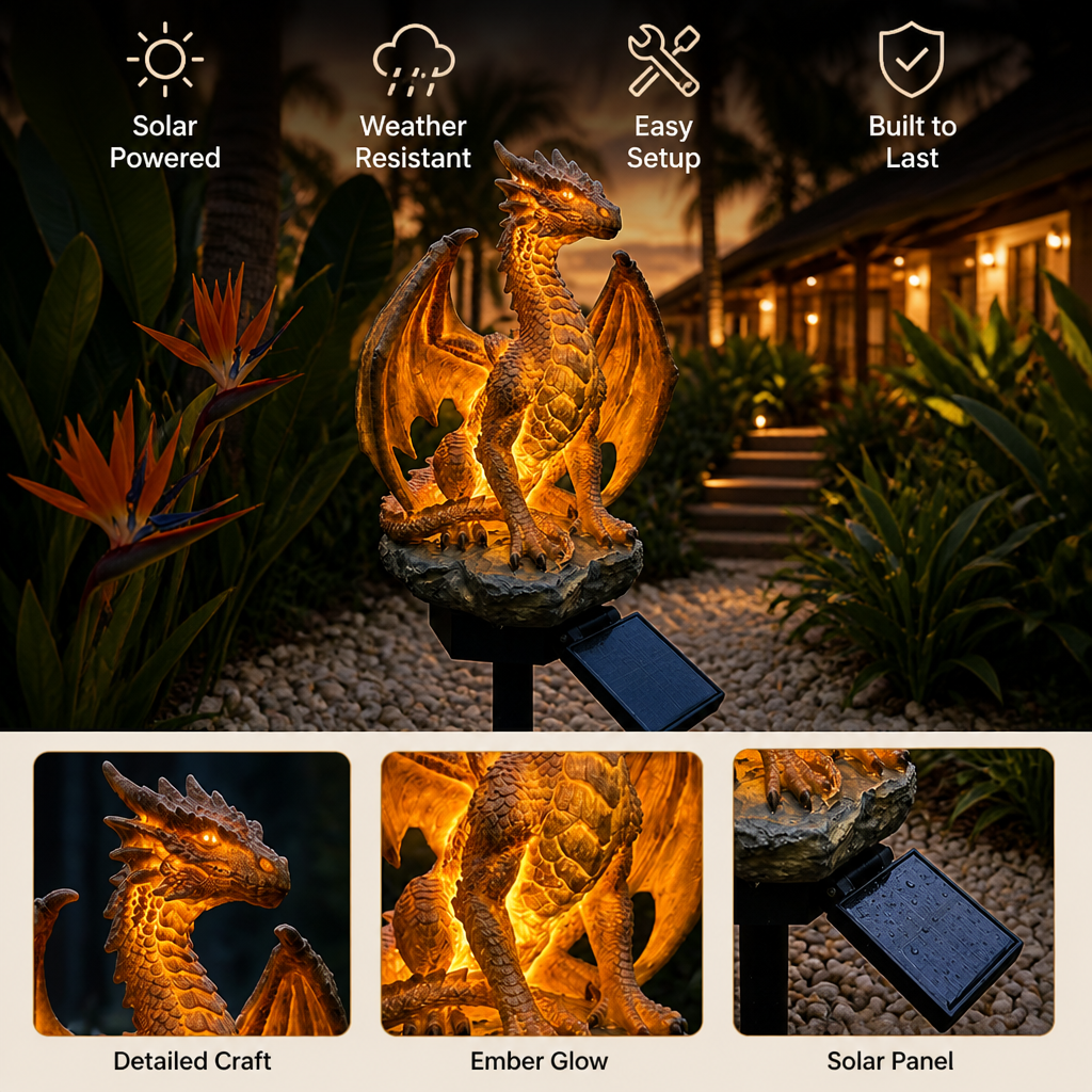 EmberMyst™ Dragon Sentinel — Enflammez vos nuits avec la magie cosy alimentée par le soleil